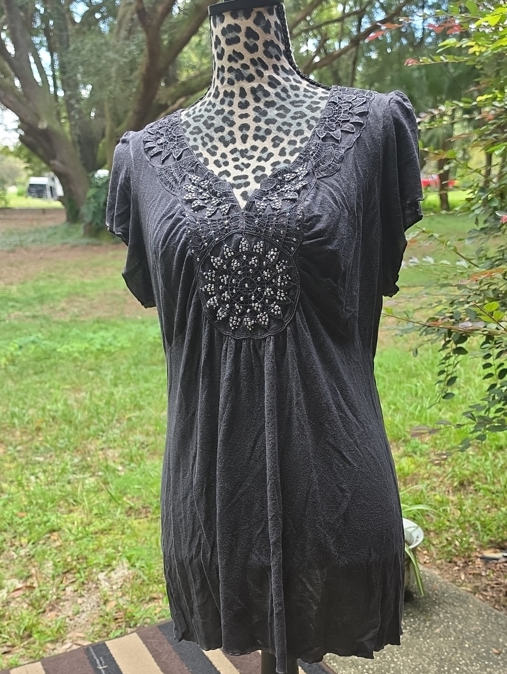 Black Beaded V-Neck Women's Blouse